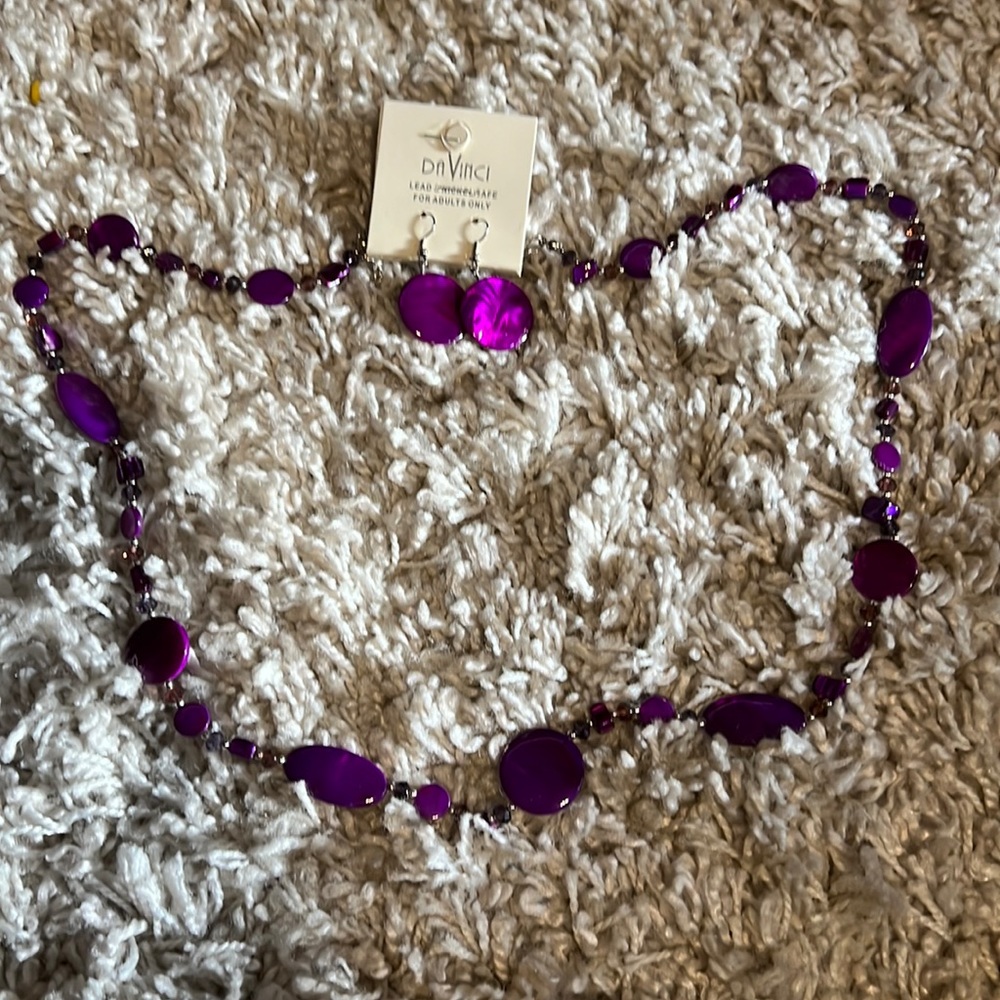 Deep purple and silver stone necklace and earring set